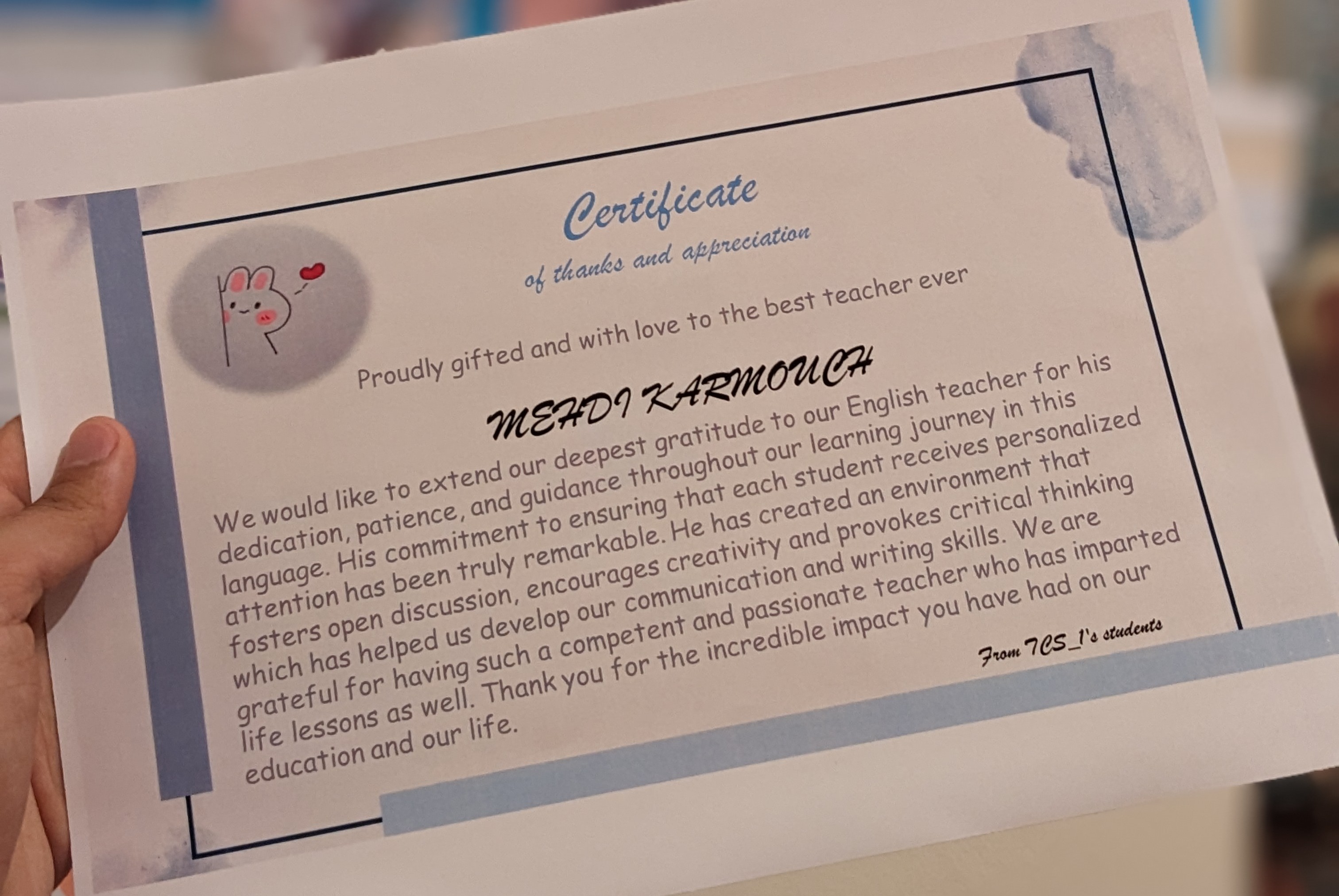 student gave me a certificate in the end of the year